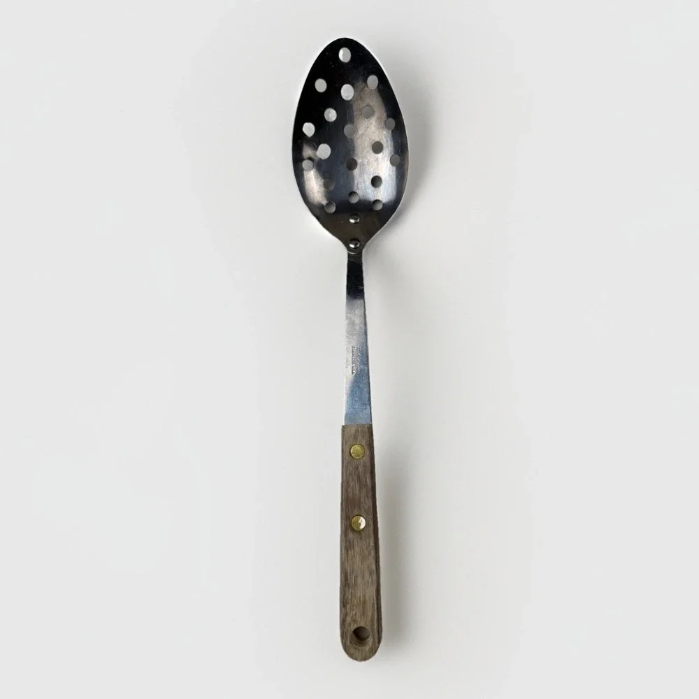 Robinson Stainless USA Slotted Spoon Vintage Wood Handle Riveted Kitchen Utensil